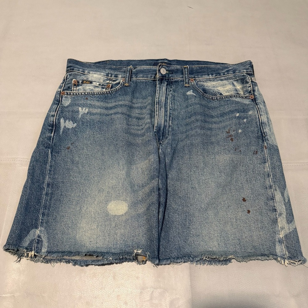 Polo Ralph Lauren Men Blue Paint Splatter Distress Cut Off Denim Short 34-9609
